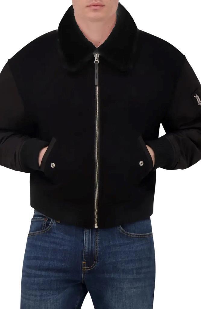 $398 - HUDSON Faux Shearling Collar Wool Bomber Jacket in Black