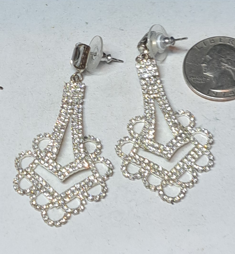 Dramatic Silver Tone Glitter Dangle Pierced Earri… - image 6