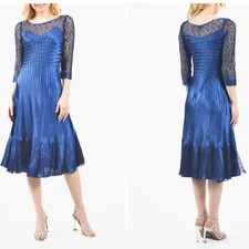 NWOT KOMAROV ILLUSIONS LACE & CHIFFON NAVY MIDI COCKTAIL DRESS sz S