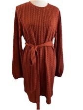 Women's Large Dress Chunky Knit Sweater Dress Rusty Orange Long Sleeve Belted