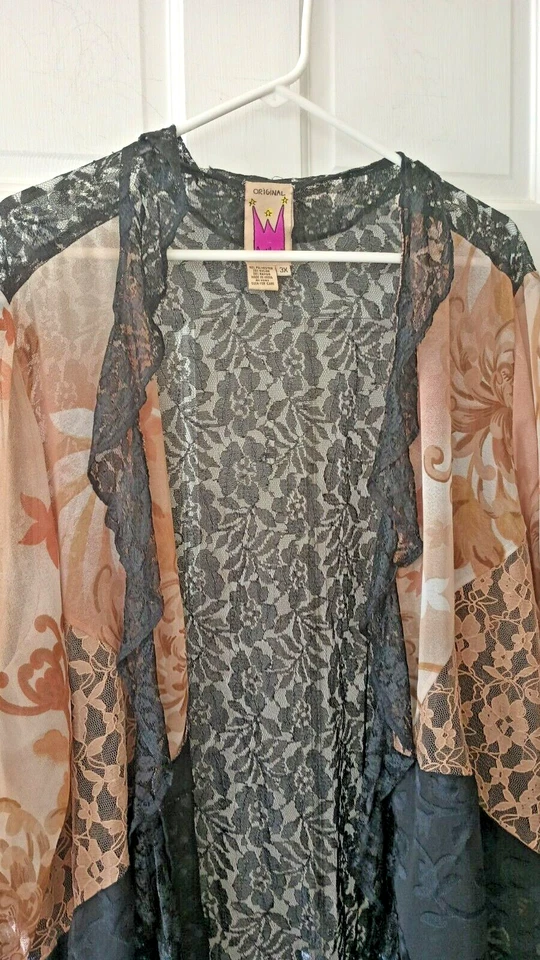 Original Anthony Kimono Top Floral Black Beige Lace Open Jacket Ruffle Hem 3X - Image 2 of 4
