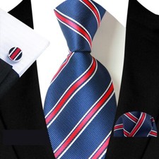 Classic Striped Blue Red Jacquard Silk Men's Tie Necktie Hanky Cufflink Set