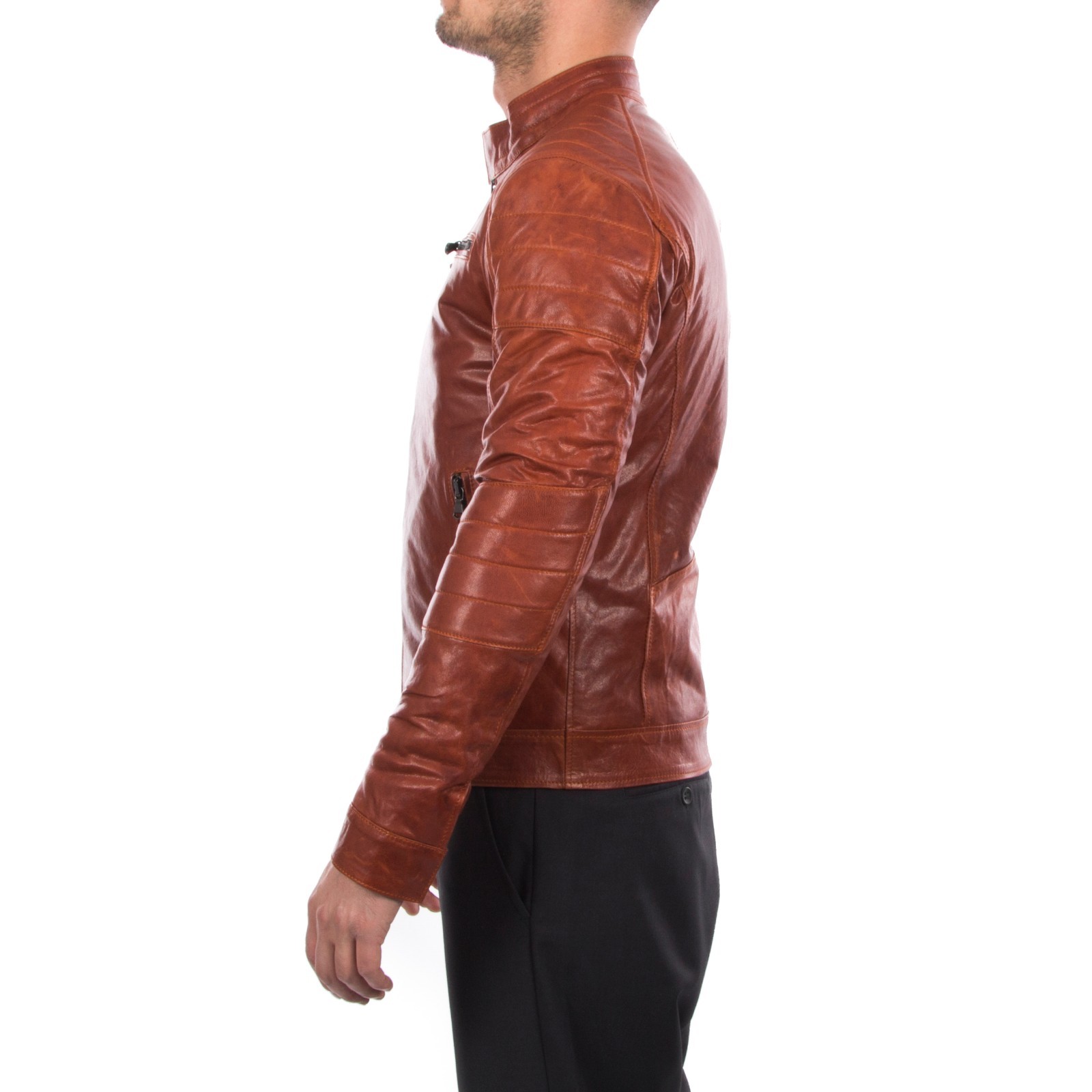 ITALIAN HANDMADE MEN GENUINE LAMB LEATHER JACKET SLIM FIT COGNAC BROWN ANTIQUED image 4