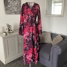 Fuchsia Animal Print V-Neck Long Balloon Sleeve Tie Waist Wrapover Maxi Dress 10