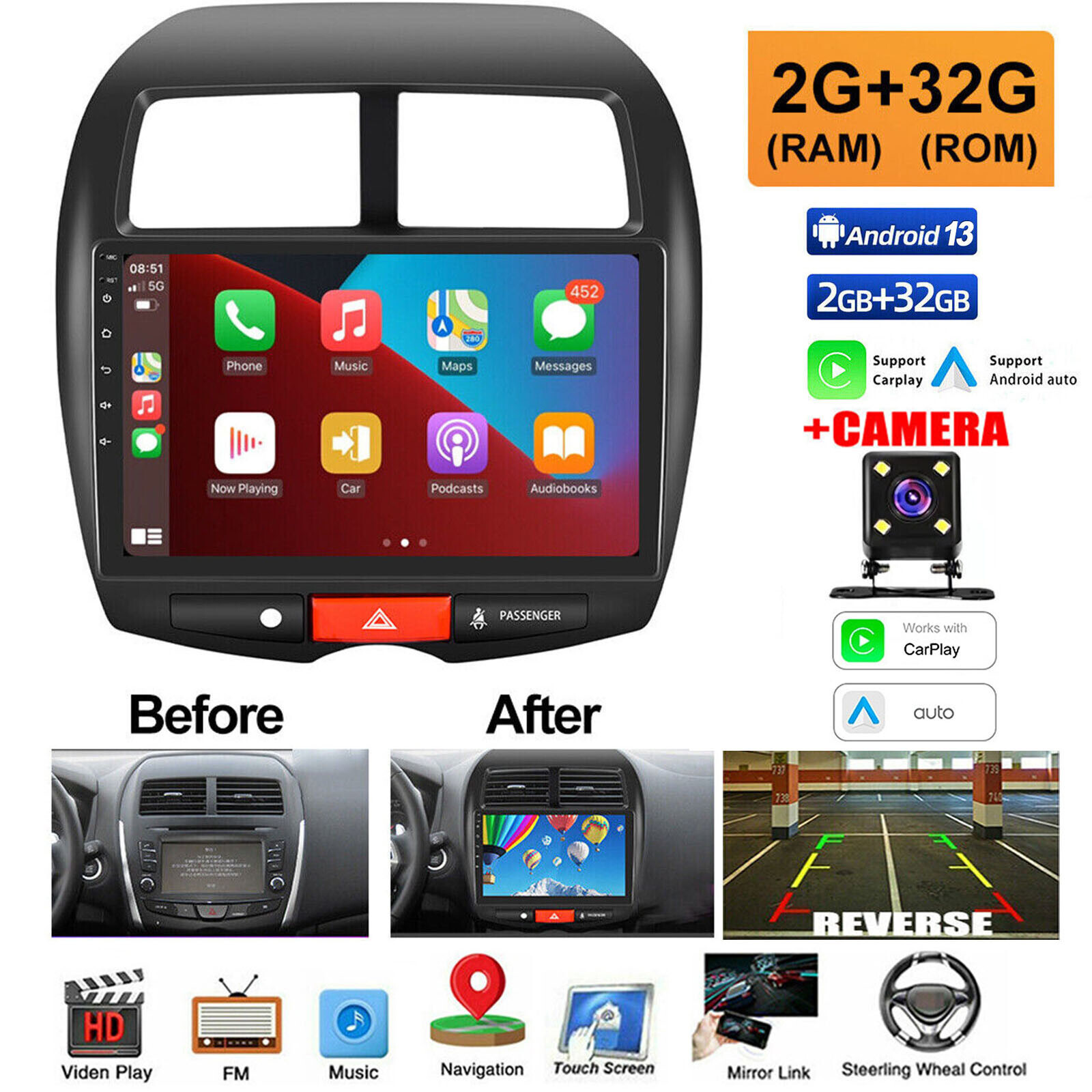 For Mitsubishi Outlander Sport 2011-2017 Carplay Android 13 Car Radio GPS Stereo