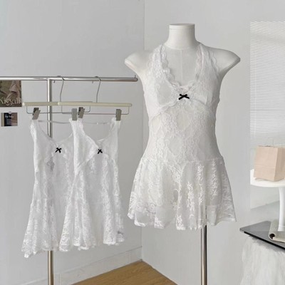 Transparent Spitzen-Halter-Kleid Polyester Strand bekleidung  Frauen