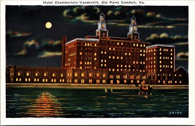 Hotel Chamberlain-Vanderbilt Old Point Comfort Virginia VA Night View Postcard