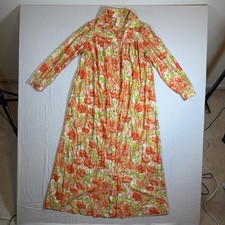 Vintage 1960s ILGWU Floral Poppy Nylon Maxi Housecoat Duster Robe Orange Boho S