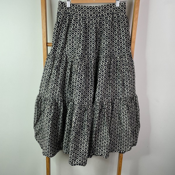 Nicholas Skirt Womens 10 Black Geometric Silk Blend Maxi Tiered Lined Bohemian