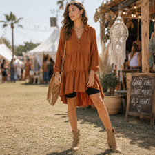 Free People Best Girl Linen Swing Dress M Cognac Brown Boho Festival Chic