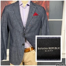 Banana Republic Blazer Mens 42L Long Slim Fit Cotton Grayish Navy Chambray