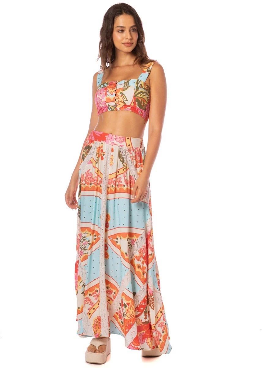 Boho Tropical Floral Maxi Skirt L Resort Vacation Beach Festival Flowy Maaji