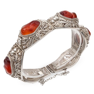 Vintage Chinese Export Sterling Silver Carnelian Filigree Panel Link Bracelet