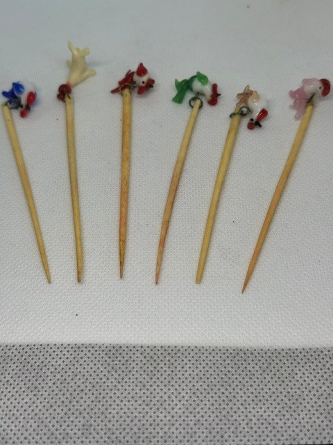 Vintage c.1930s Hand-Formed Glass Animal Cocktail Picks Swizzle Sticks Set of 6