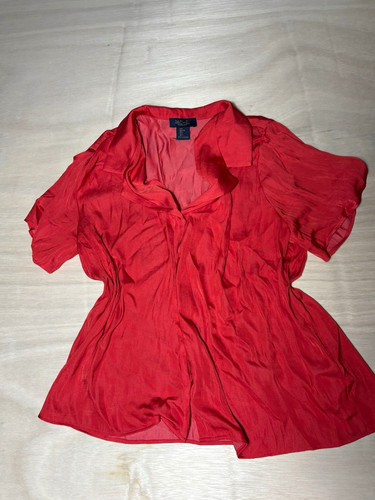 RACHEL Rachel Roy Women's L Red Solid Collared Button Front Short Sleeve Blouse