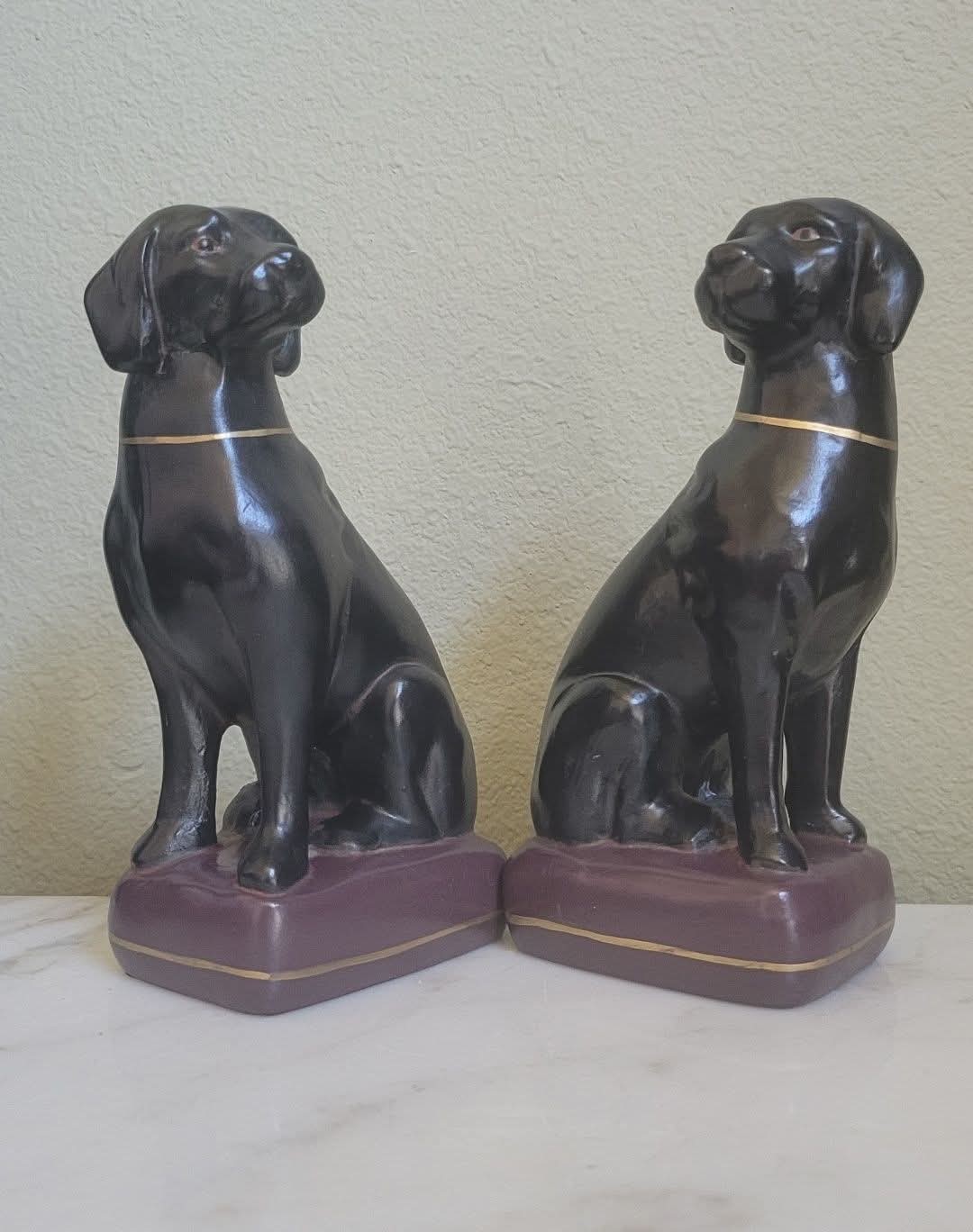 PR 2 ANTIQUE VTG ANDREA BY SADEK STYLE BLACK LABRADOR PORCELAIN BOOKENDS STATUES