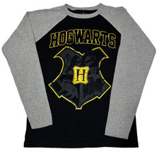 Harry Potter Hogwarts Crest Shirt Boy s L Black Gray Long Sleeve Raglan Tee