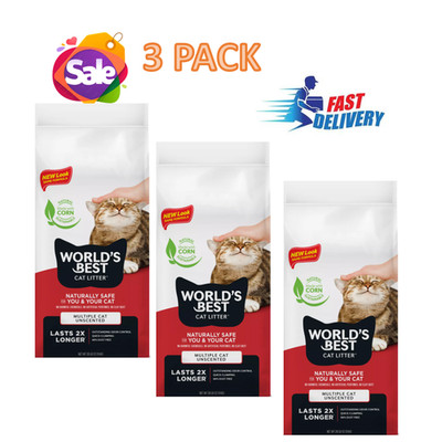 3Pack, World's Best  Multiple Cat Corn Cat Litter -Unscented, 99% Dust Free 28LB