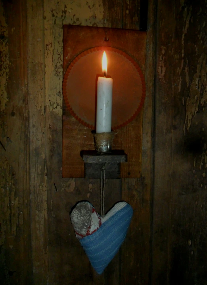 Primitive Wall Lantern, Old Wooden Candle Light, Tatered Quilted Blue Heart - Image 3 of 4