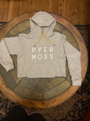 Pyer Moss Cropped Logo Hoodie   Heather Gray   Embroidered   Yellow Drawcord