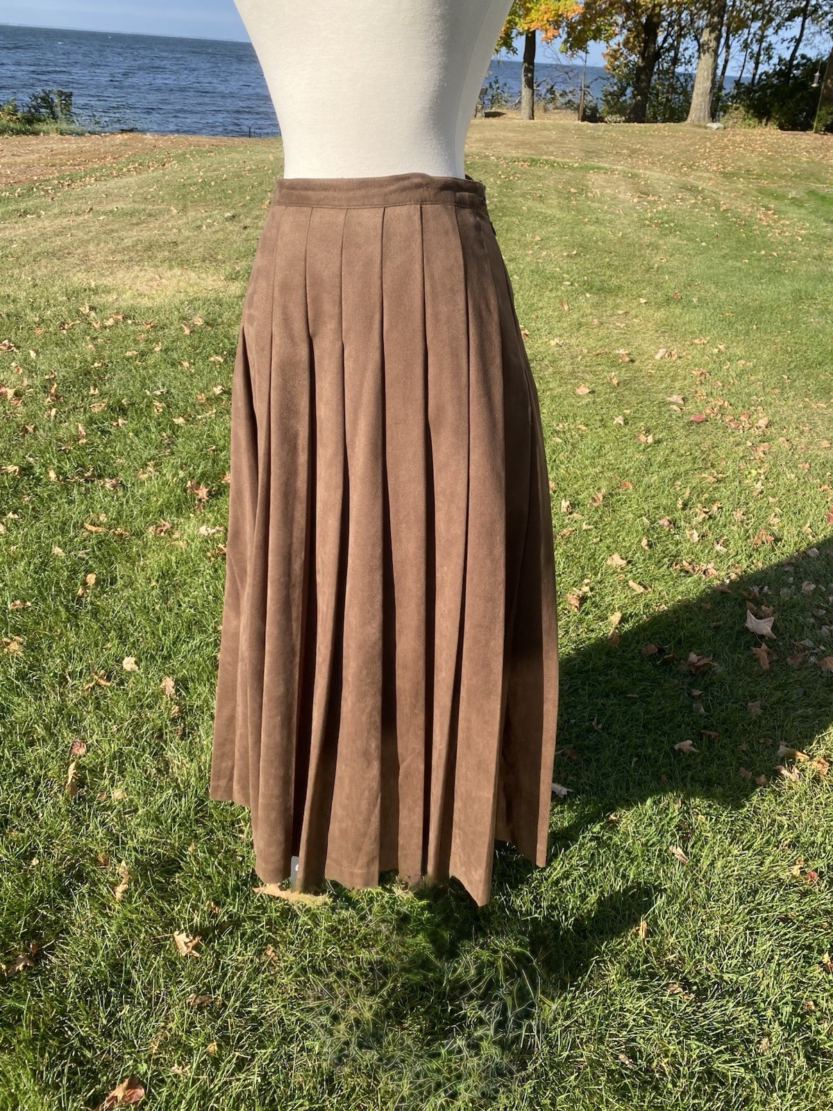 Vtg 90s Coldwater Creek Faux Suede Pleated Midi Skirt Brown Size XL Western Qlty