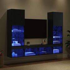 5PC TV Wall Units Media Cabinet with LED Lights, Black Oak Engineered Wood