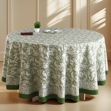 CPC Olive Green Block Print Cotton Handmade Round Tablecloth 110 Inch Decorat...