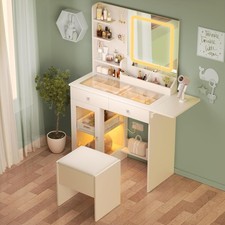 Vanity Desk with Mirror and Lights Glass Top  Power Outlet Makeup Vanity Set