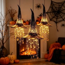 Lighted Witch Hat Hanging Chime Halloween Outdoor Glowing Mesh Decor