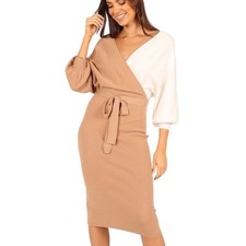 Petal + Pup Colorblock Knit Midi Dress Belted Wrap V Neck Long Sleeve Beige Sz 4