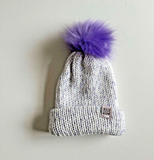 Handmade White/Lilac Pom Pom Hat With Detachable Lilac Pom Pom 3-6 Months