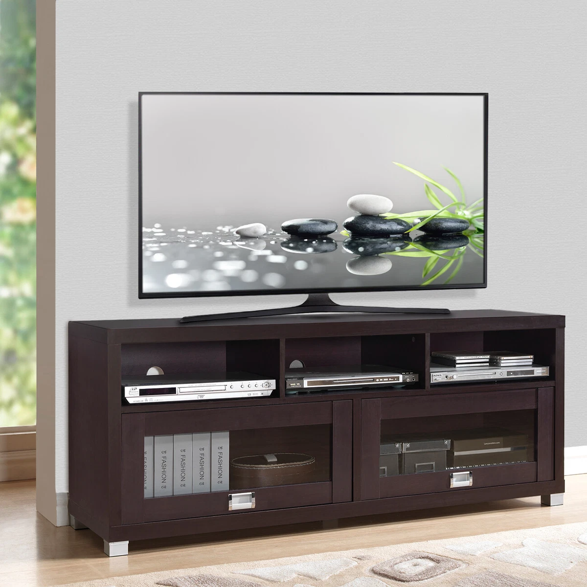 75 inch TV Stand Wood Media Console Storage Cabinet Black Entertainment  Center 