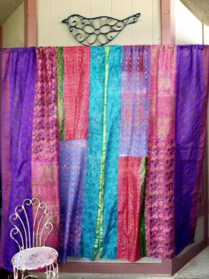 2 Pcs Indian Sari Patchwork Curtain Drape Window Decor Multi Silk Sari Curtain