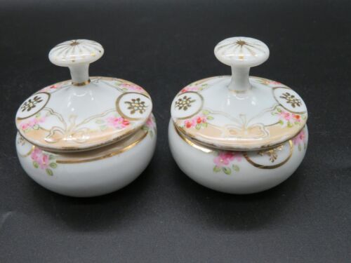 VTG 2 Small Dresser Jars Hand Painted Nippon Japan Pink Flowers Gold Accents - Picture 1 of 14