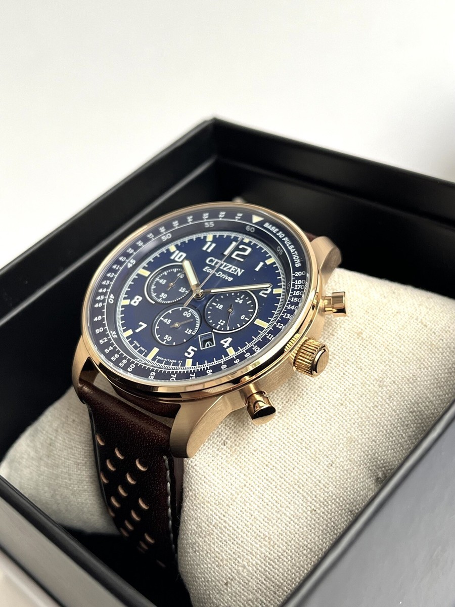New! Citizen EcoDrive Watch CA4503-18L Chronograph Blue Dial Brown