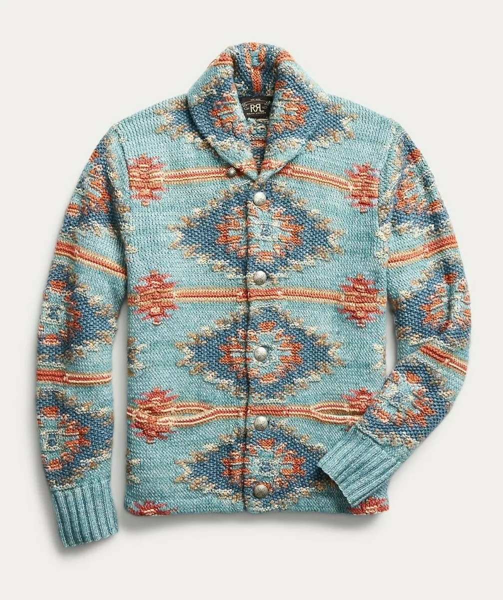 RRL Ralph Lauren Southwestern Blue Hand-Knit Silk Cardigan Men's RRL Ralph Lauren Southwestern Blue Hand-Knit Silk Cardigan Men's
