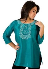 Turquoise Art Silk Indian Kurti / Tunic with thread embroidery