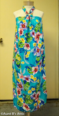 Hawaiian Sarong Halter Style Dress Adult Turquoise Tropical Floral Print  Costume | eBay