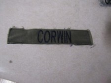 MILITARY PATCH OLDER COMBAT USED NAME TAPE OD GREEN SEW ON WITH BLUE NAME CORWIN