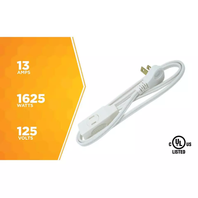 Woods 3-Foot Indoor Extension Cord - 16/2 SPT-2 Light Duty, Flat Plug, White, 1800W Max