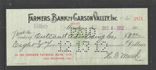 1912 FARMERS BANK CARSON VALLEY MINDEN NEV CROCKER NB SF CAL ANTIQUE BANK CHECK