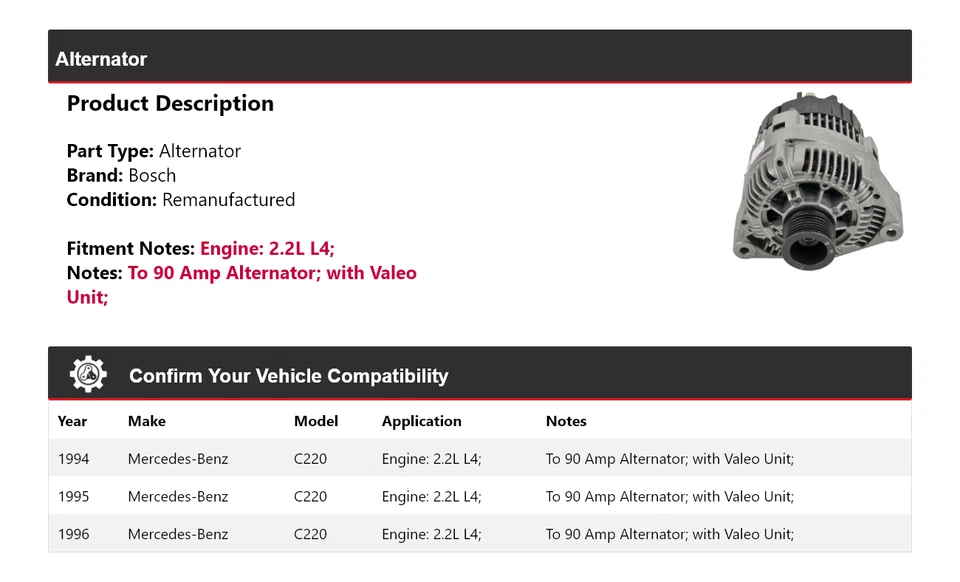 Alternador Bosch para Mercedes C220 1994-1996 2,2 L L4 (remanufacturado) 1995 Foto 2 de 4