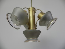 Antico Lungo Lampadario d'epoca a soffitto in ottone e vetro Vintage a 4 luci