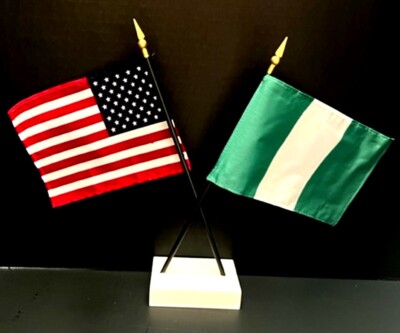 1 American & 1 Country Mini Rayon 4''x6'' Desk Flag Set with Crossed 2-Hole Base