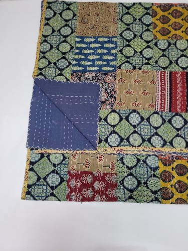 Indian Handmade Ajrakh Handblock Print Multicolour Kantha Quilt Throw Blanket - Picture 4 of 5
