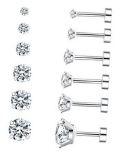 6 Pairs Hypoallergenic Cubic Zirconia Earrings Surgical Steel Flat A-001-Silver