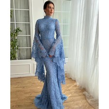 Blue Lace Elegant Evening Dress High Neck Long Sleeves Mermaid Formal PartyDress