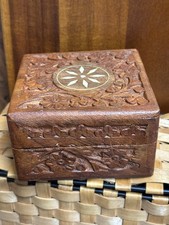Vintage Wooden Jewelry Trinket Box Hand Carved Wood Inlay Made In India 4x4x2.25