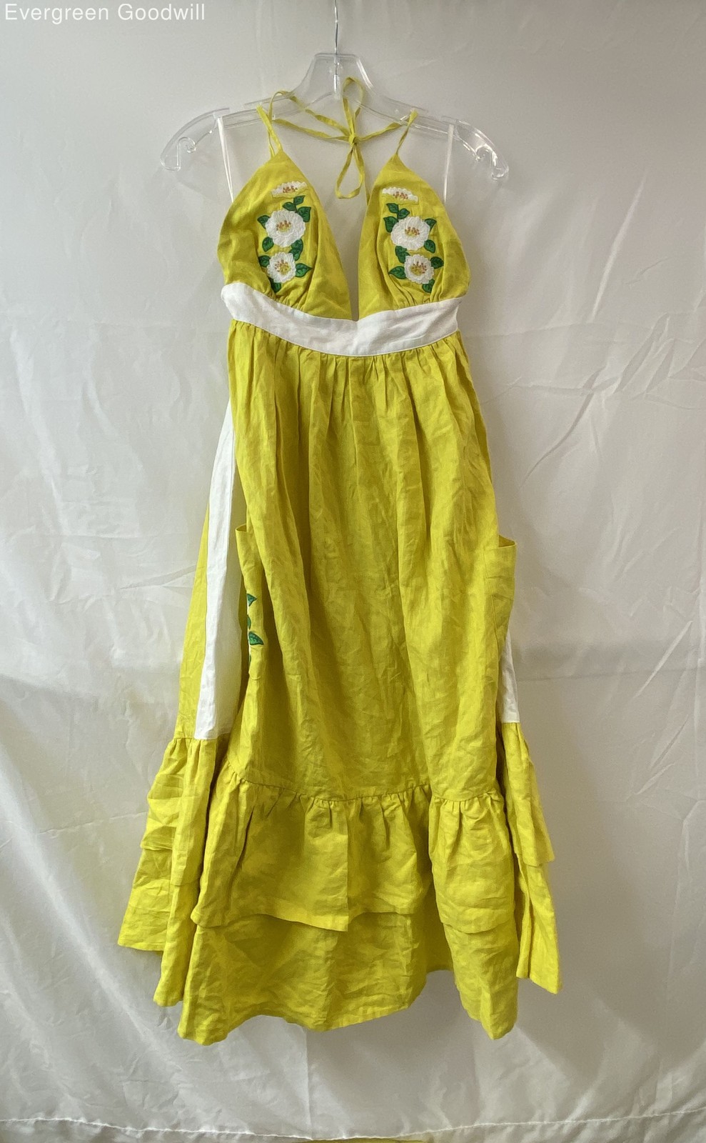 NWT Fanm Mon Women's Yellow Floral Embroidery Pamuk Halter A-Line Dress Size L