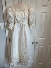 HOUSE OF BIANCHI WEDDING GOWN WITH VEIL 1980'S BALLERINA LENGTH LACE